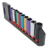 10pc Coloured 3/8" Dr Deep Sockets 6 Point Hex Metric 10 - 19mm With Rail