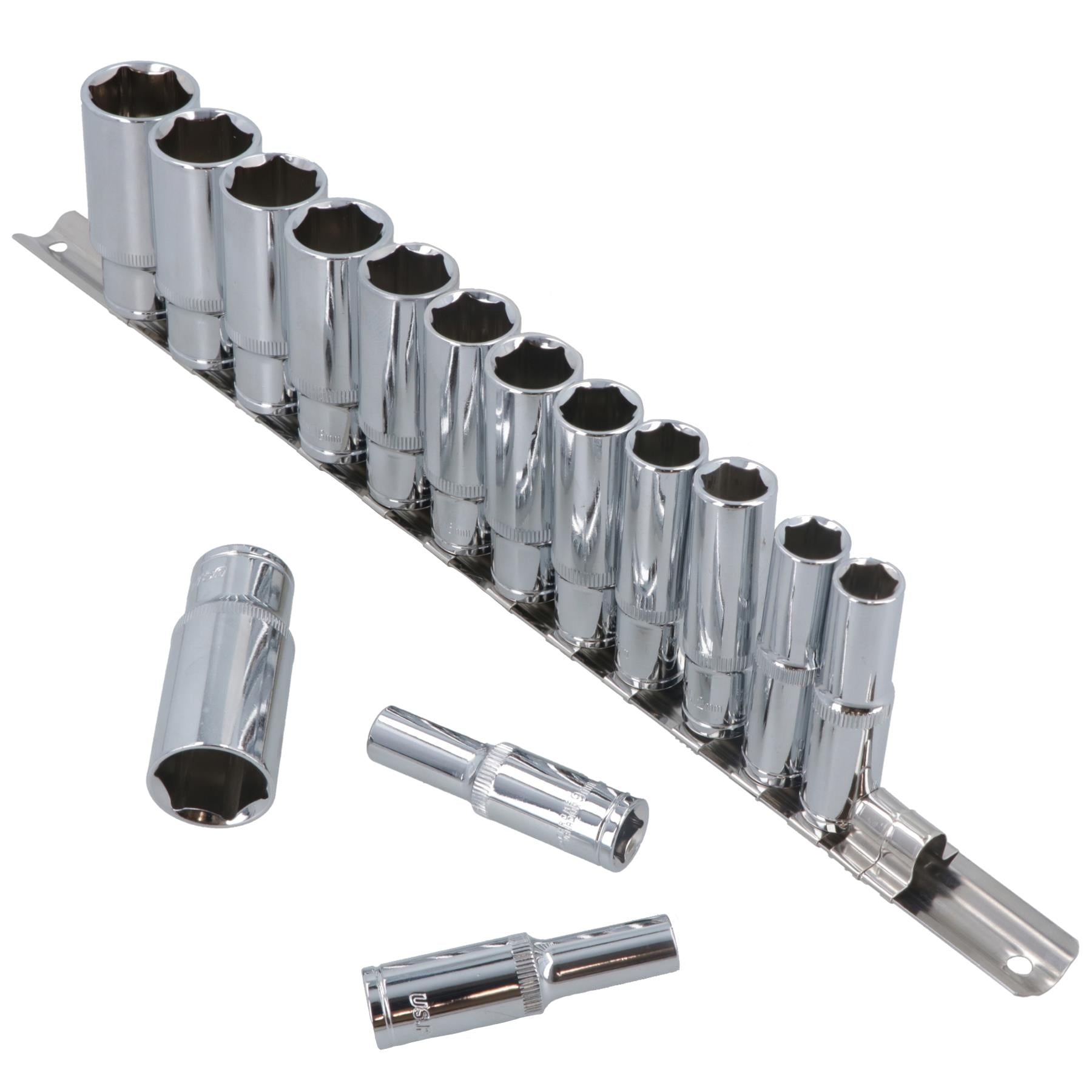 3/8" Drive Deep Metric 6-Sided Single Hex Sockets Rail 15pc 8mm - 22mm Bergen
