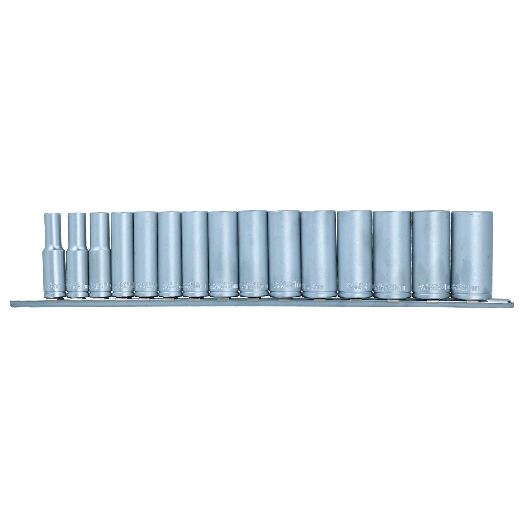 Douilles CRV profondes sur rail 15 pièces 3/8" 8-22 mm hexagonales 6 pans métriques TE917