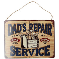 Metallschild zum Aufhängen „Dad's Repair Service“ für Zuhause/Schuppen, vorgestanzte Löcher, 25 x 33