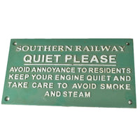 Southern Railway Quiet Please Grün Gusseisen Schild Plakette Wand Zaun Torpfosten