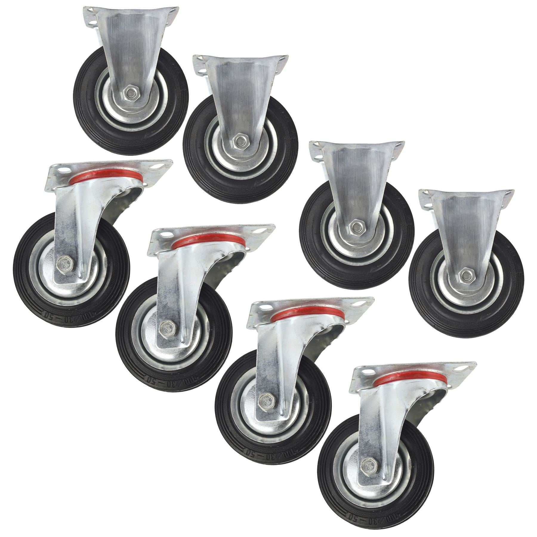 4" (100mm) Rubber Fixed and Swivel Castor Wheel Trolley Caster (8 Pack) CST03_04
