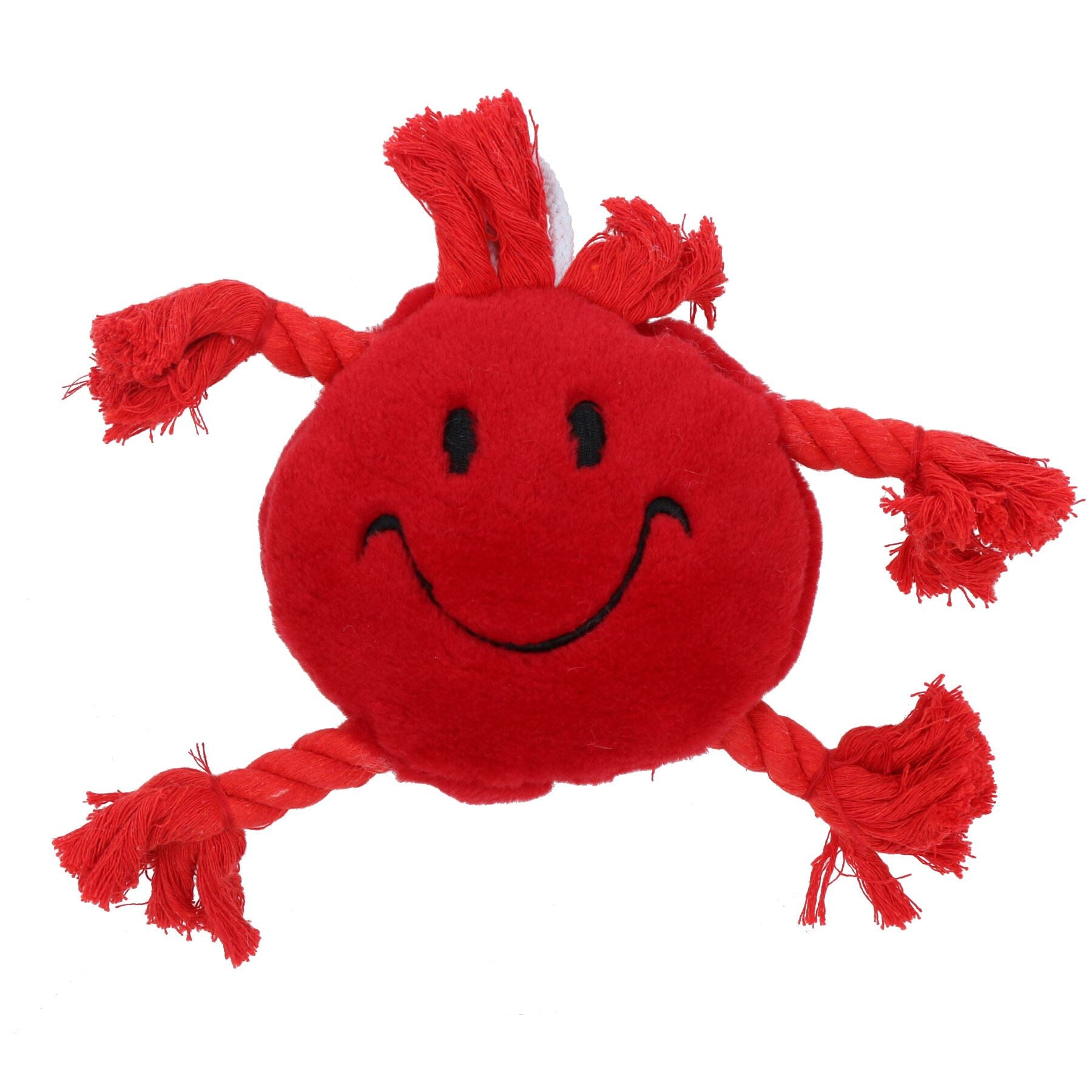 Plush Soft Red Happy Face Dog Play Toy With Squeak & Rope Arms.
