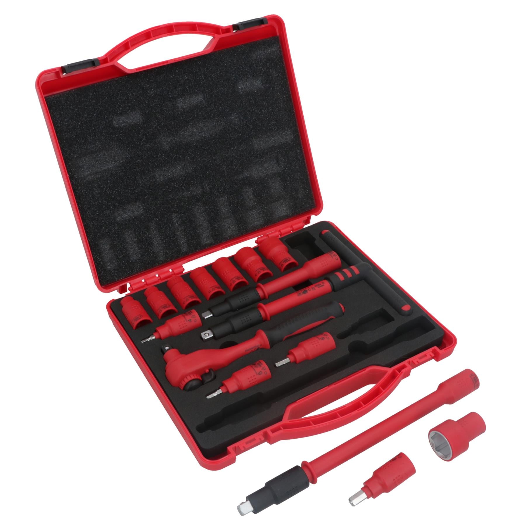 Coffret d'outils et d'accessoires pour douilles métriques isolées VDE à entraînement 3/8" 16 pièces hexagonales + barre en T