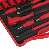 Coffret d'outils et d'accessoires pour douilles métriques isolées VDE à entraînement 3/8" 16 pièces hexagonales + barre en T