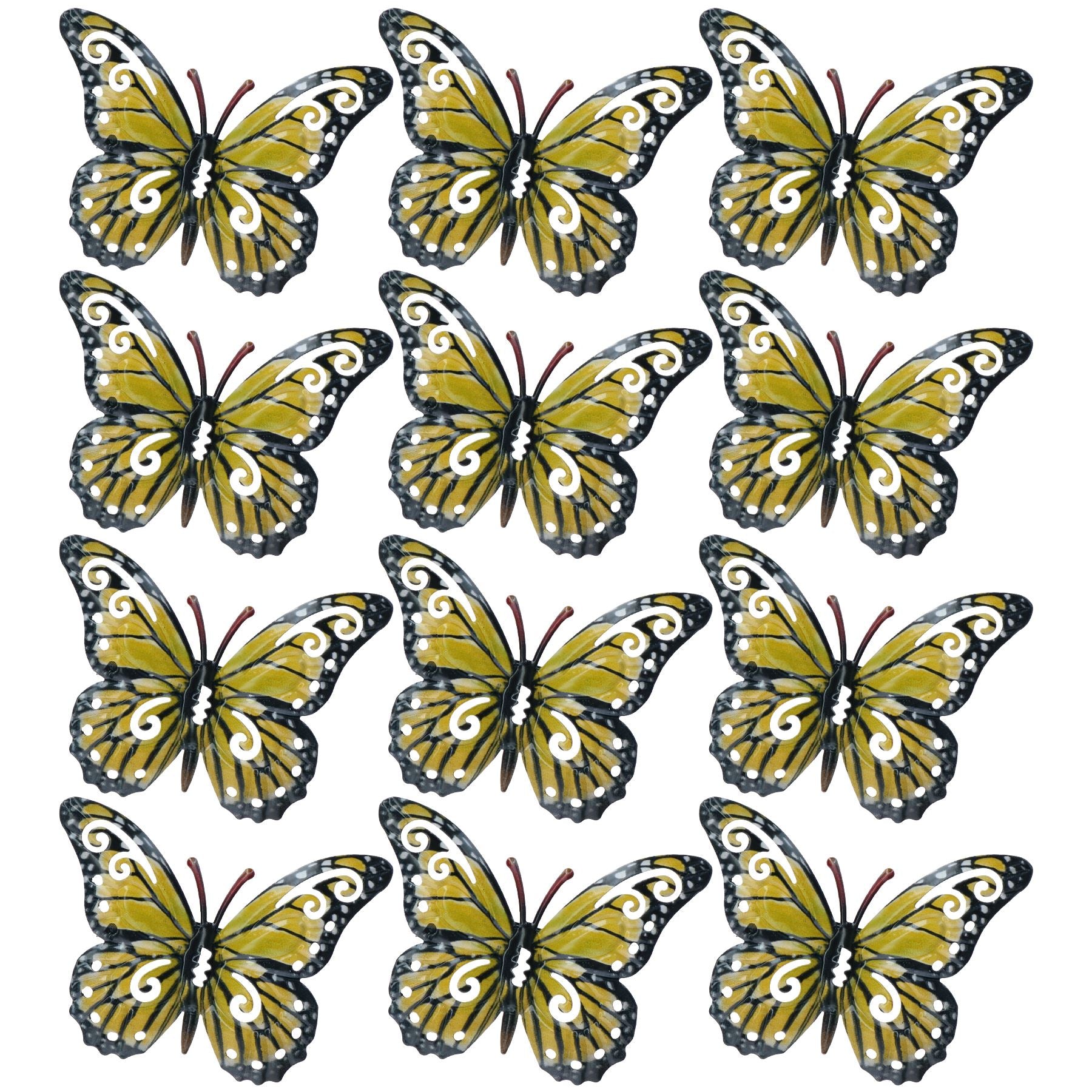 Set of 12 Yellow Small Metal Butterflies Garden/Home Wall Art Ornament