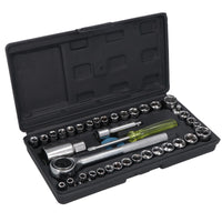 Flacher Steckschlüsselsatz 3/8" und 1/4" Dr. Metrisch und Imperial, 40-teilig, Ratschenschlüssel TE416