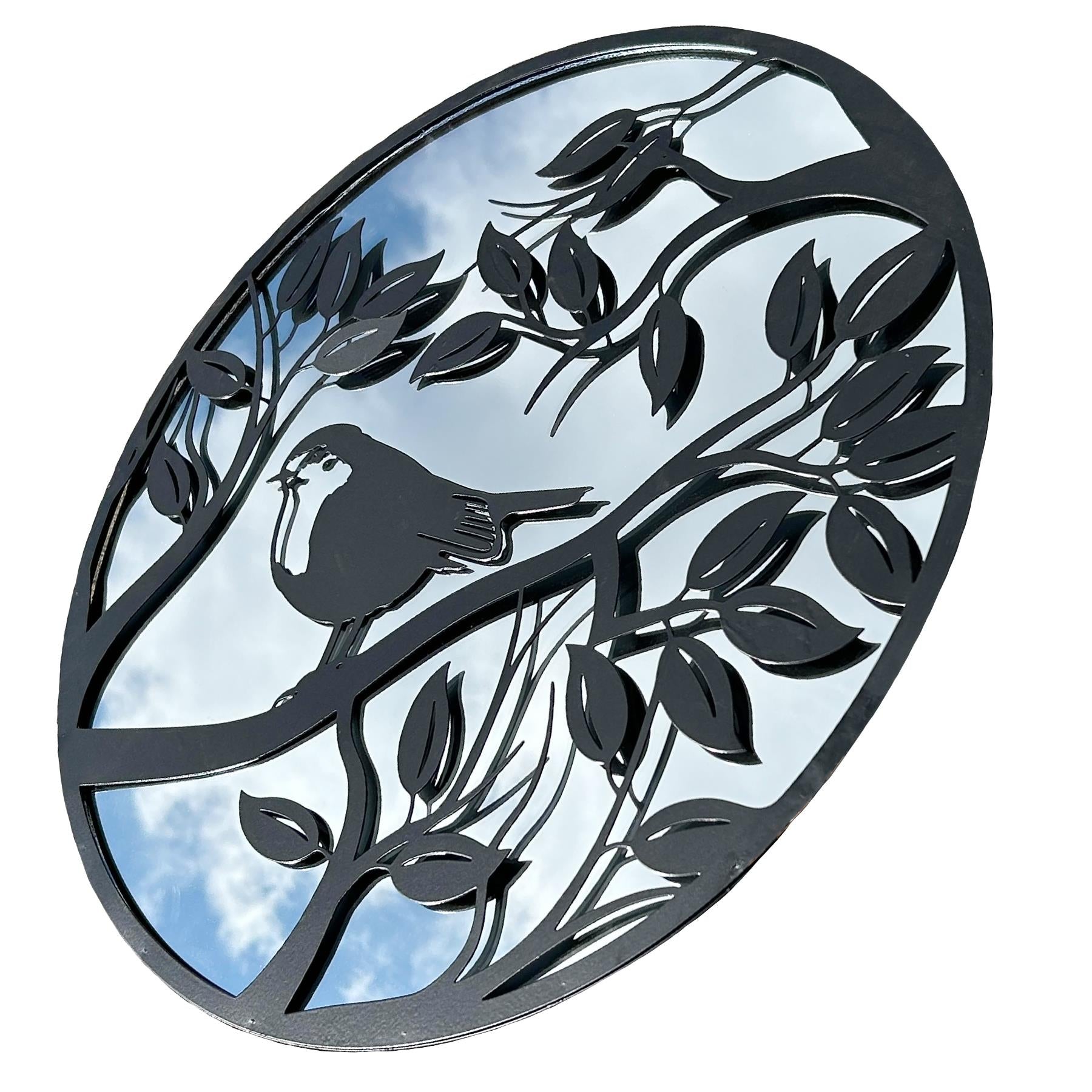 Black Metal Round Robin In Tree Mirror Wall Art Garden Home Gift