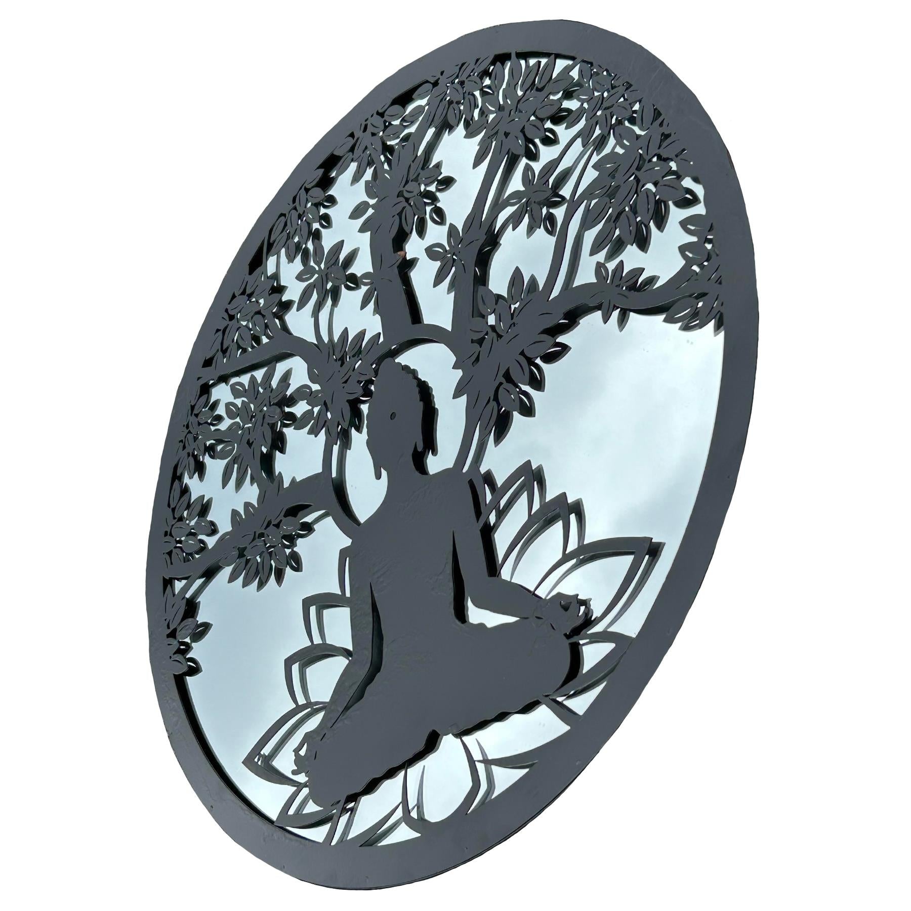 Miroir rond en métal noir représentant un arbre de Bouddha, décoration murale, cadeau pour la maison ou le jardin