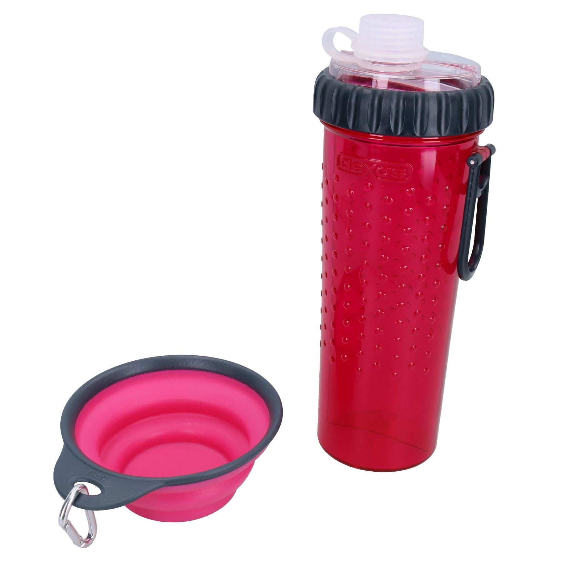 DEXAS Pink 360ml Portable Snack-Duo Chambered Hydration Bottle & Cup For Dogs