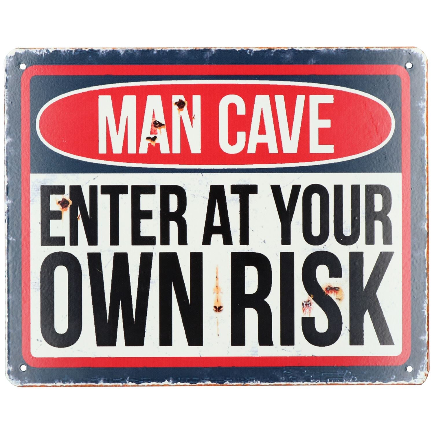 Hanging 'Man Cave Enter At Own Risk'Metal Sign PrePunched Holes 20x25cm