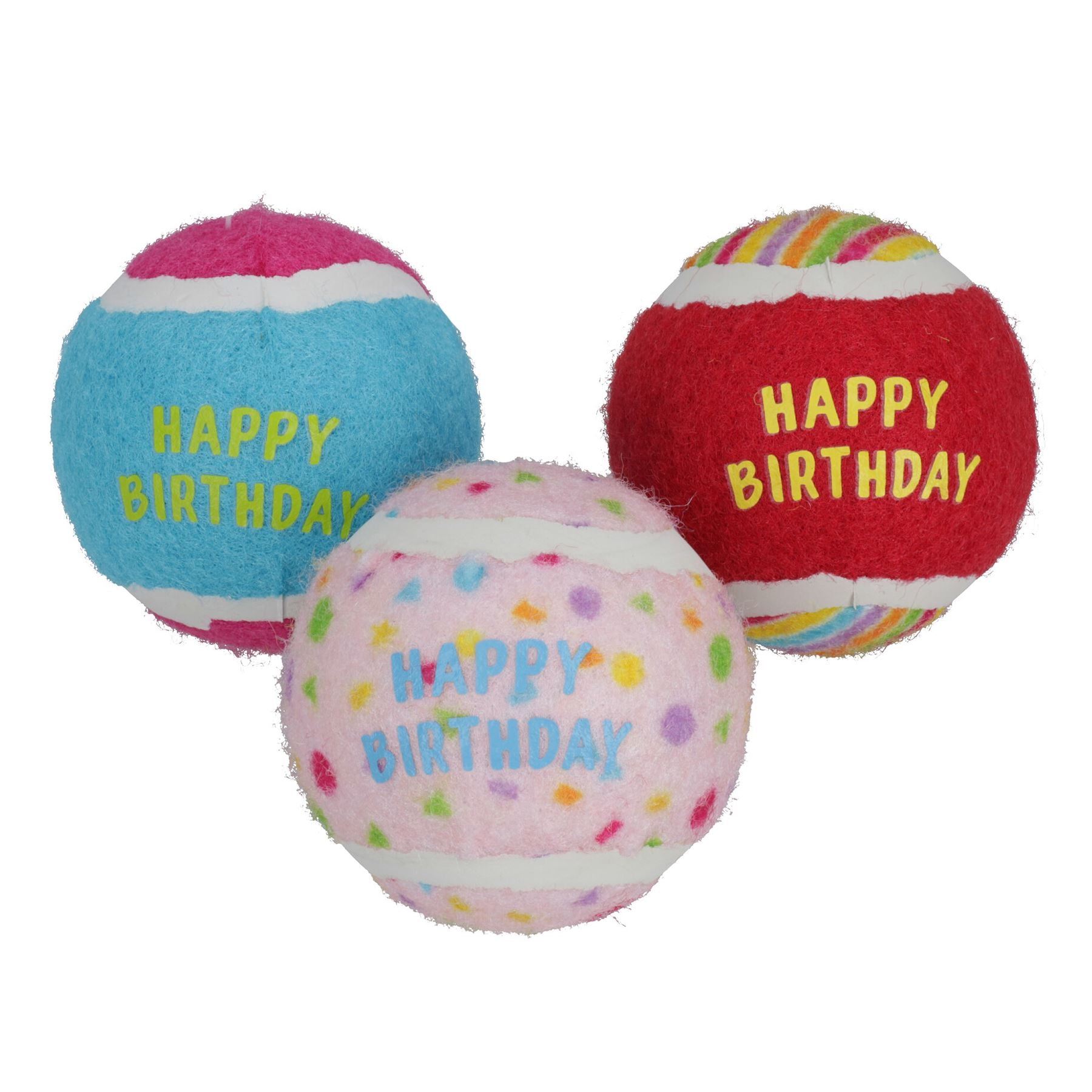 3PK Medium Happy Birthday Tennis Balls Dog Puppy Gift Chuck Fetch Play 6.5cm