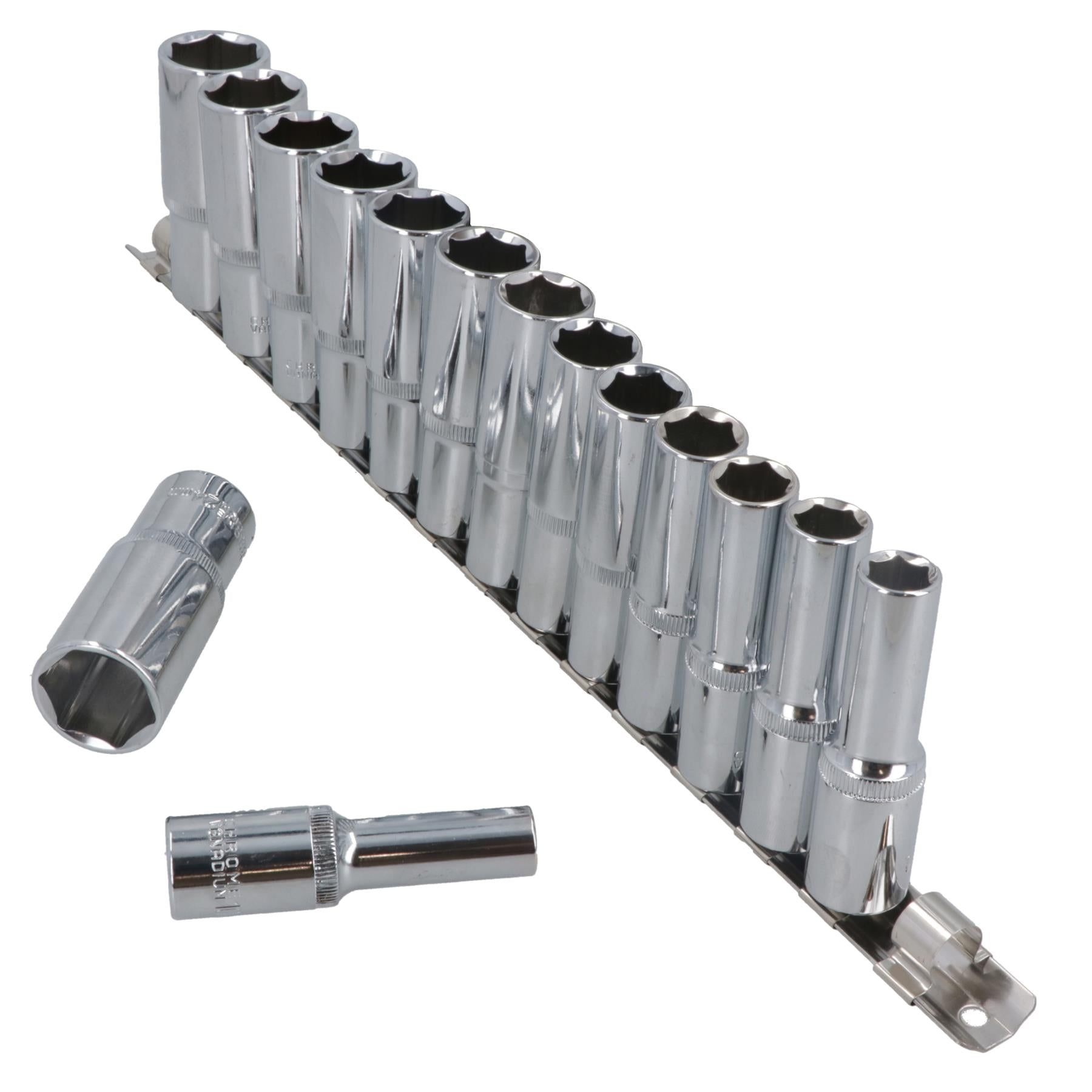 15-tlg. 1/2-Zoll-Dr. Deep Reach CRV-Steckschlüssel auf Schiene, 10–24 mm, Sechskant, 6-kant, metrisch, TE885