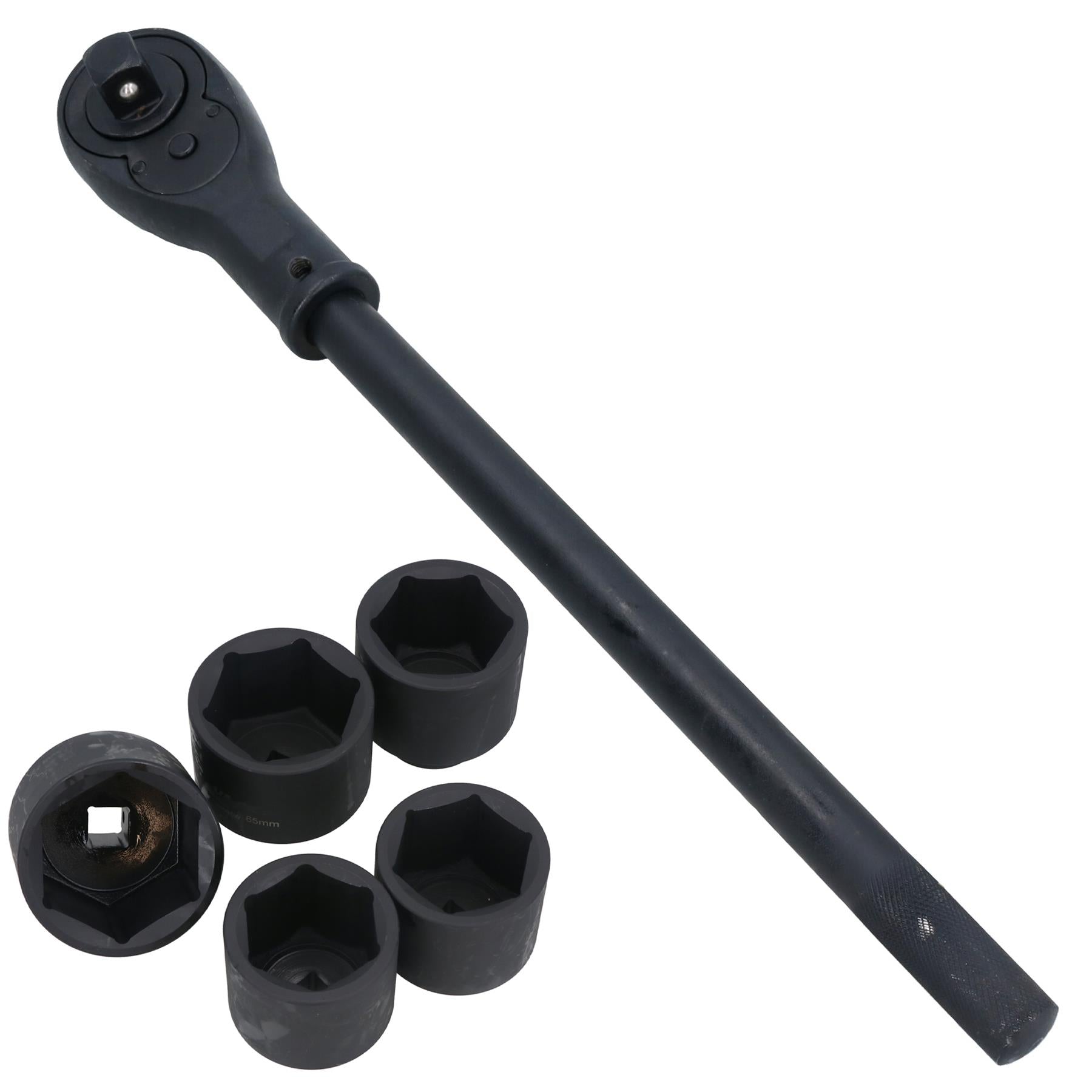 3/4in Drive Heavy Duty Reversible Ratchet + 5 Shallow Metric Sockets 55 – 70mm