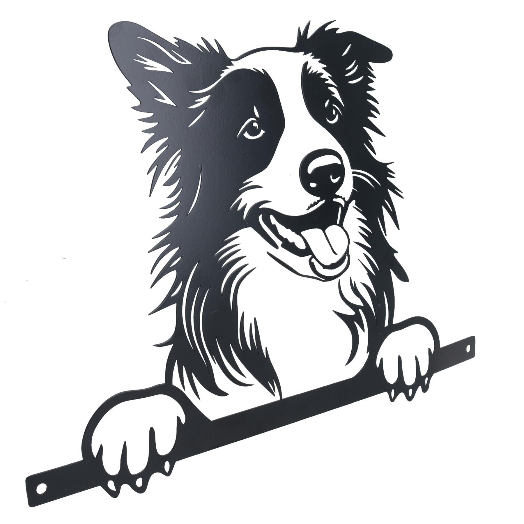 Schwarze Metall-Silhouette eines guckenden Collies mit Befestigungsplatte, Gartenfigur, Geschenk