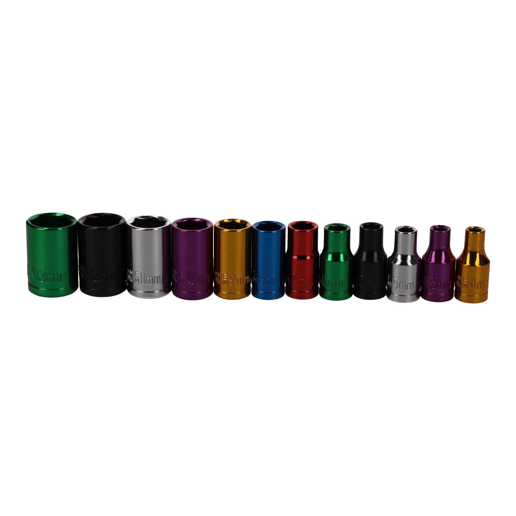12pc Coloured 1/4" Dr Shallow Sockets 6 Point Hex Metric 4 - 13mm With Rail