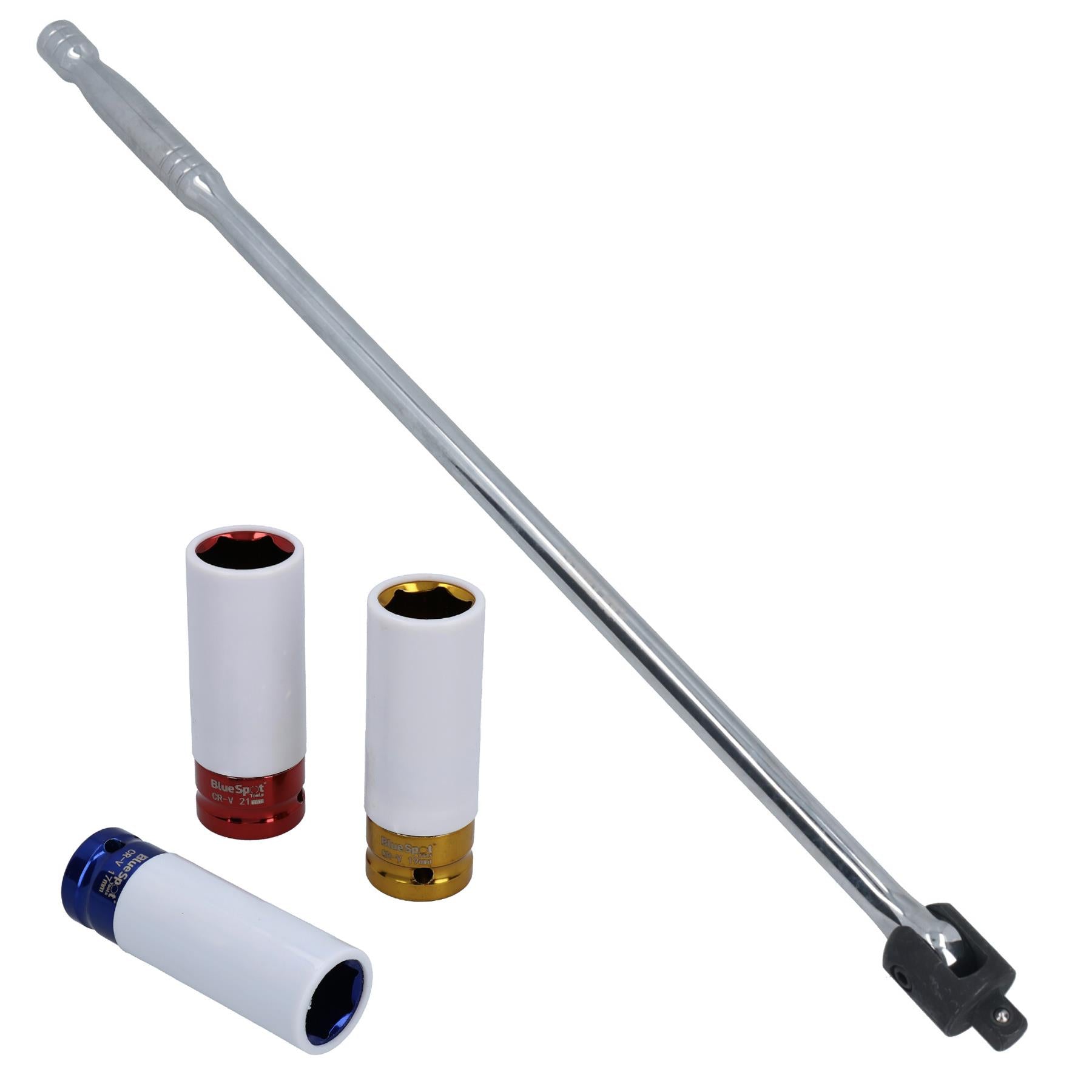 1/2-Zoll-Antrieb, 24-Zoll-Brechstange plus 3 metrische Steckschlüsseleinsätze für Leichtmetallfelgenmuttern, 17, 19 und 21 mm.