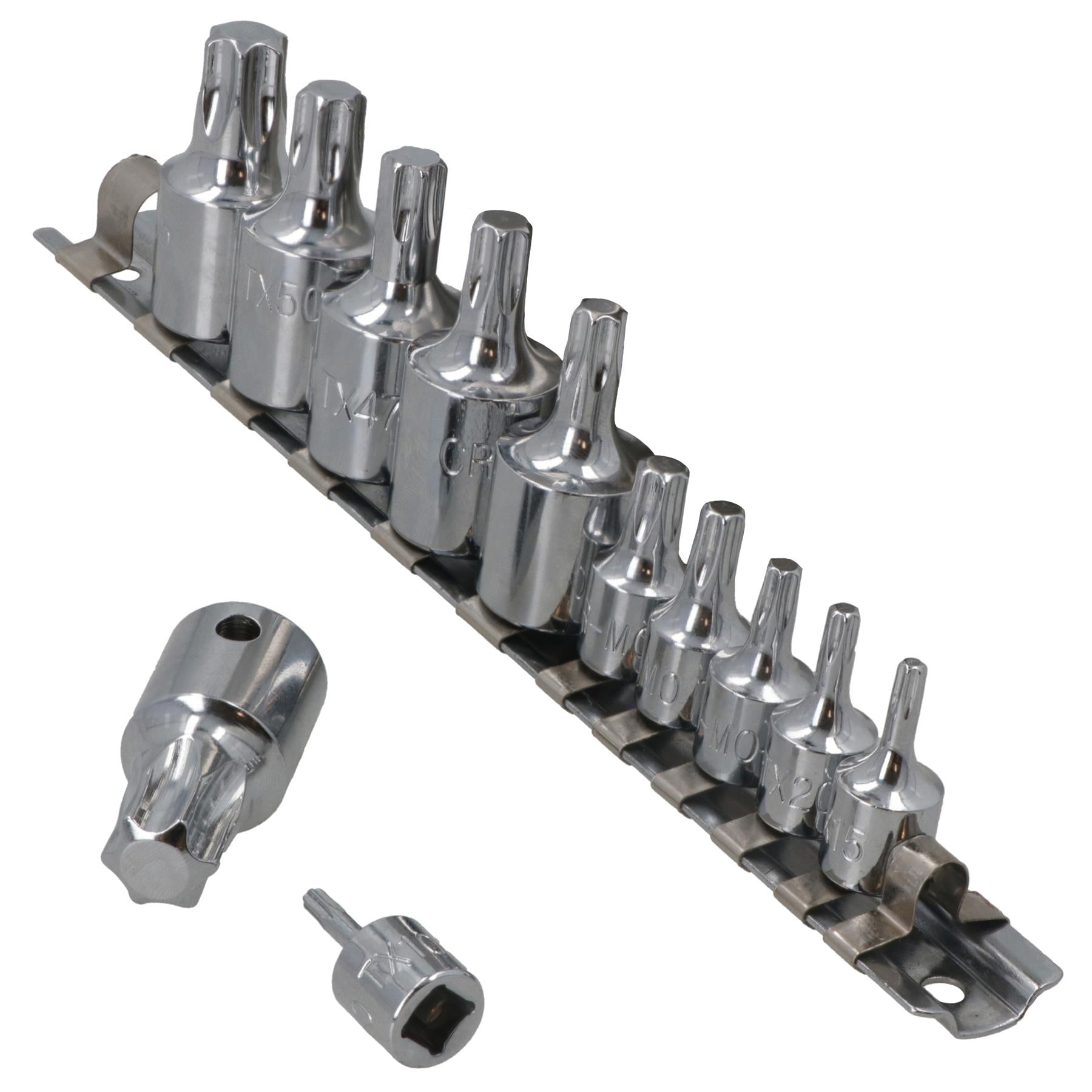 Jeu de 12 douilles mâles Torx Star Drive 1/4" et 3/8" T10 - T60 sur rail