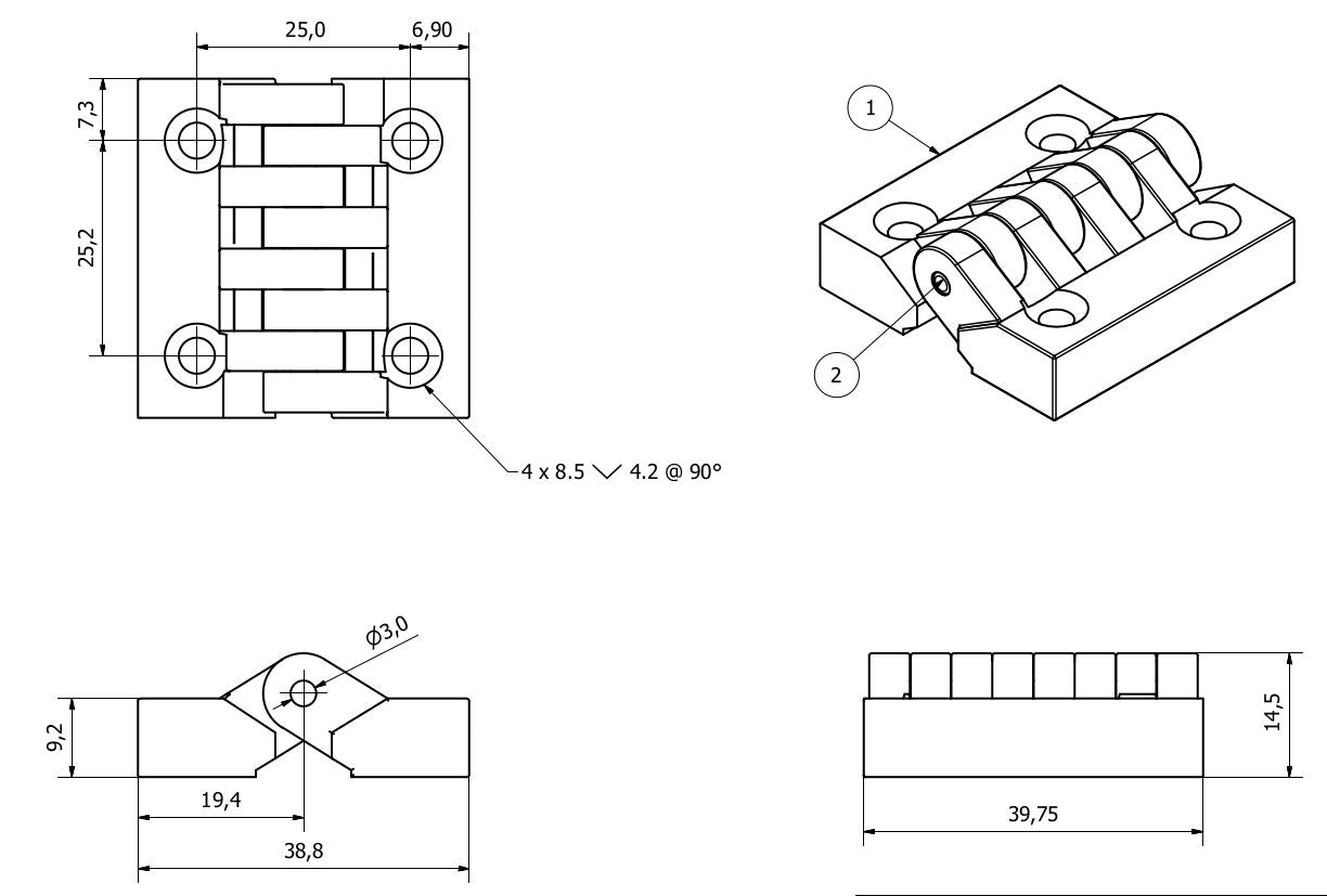 Black Polyamide Hinge Reinforced Plastic 39x39mm Italian Made Industrial Quality