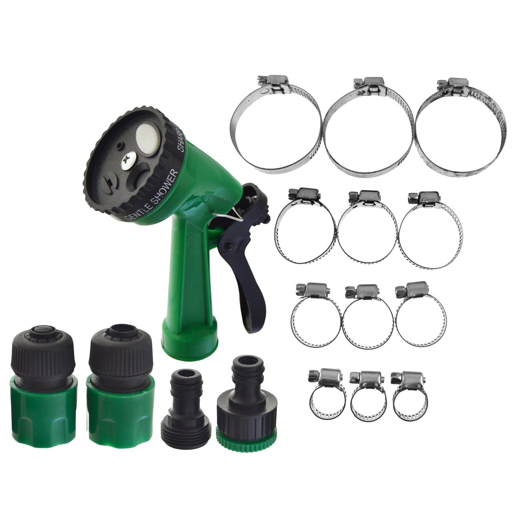 6pc Adjustable Hose Pipe Connectors Fittings Sprayer & 12pc Clamp Jubilee Clip