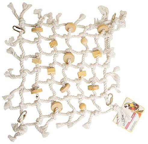 Large White Cargo Net With Wooden Blocks Bird Cage Accessory Climbing Toy
